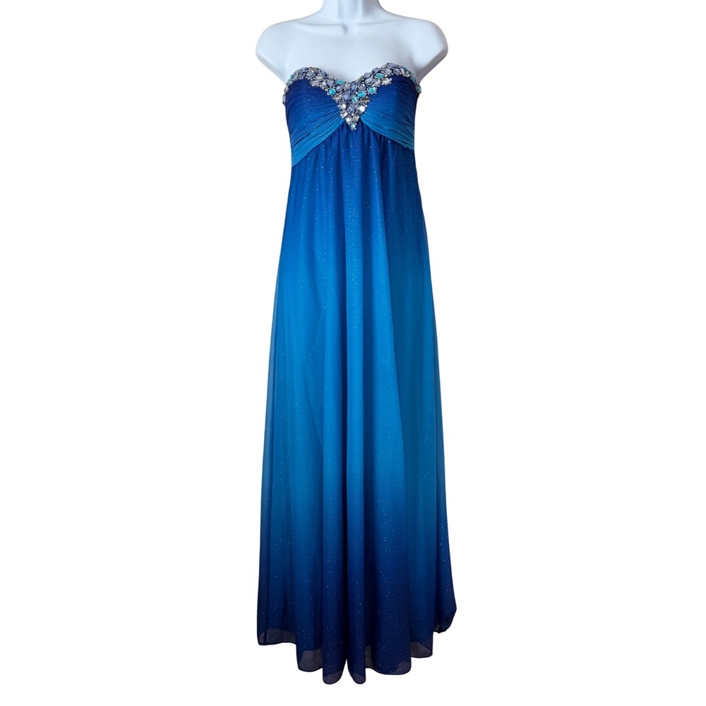 Vintage Deb Ombre Rhinestone Sweetheart Strapless Prom Maxi Dress Blue 5/6